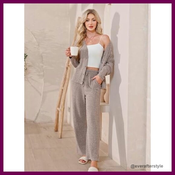 Button Down Lounge Set Long Sleeve Pajamas with Pocket Chic Minimal Comfort - Picture 7 of 8